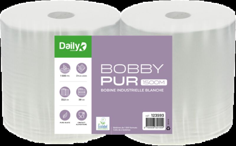 Image de Bobine blanche 1500F pure ouate Ecolabel BOBBYPUR 1500M DAILYK-Lot 2