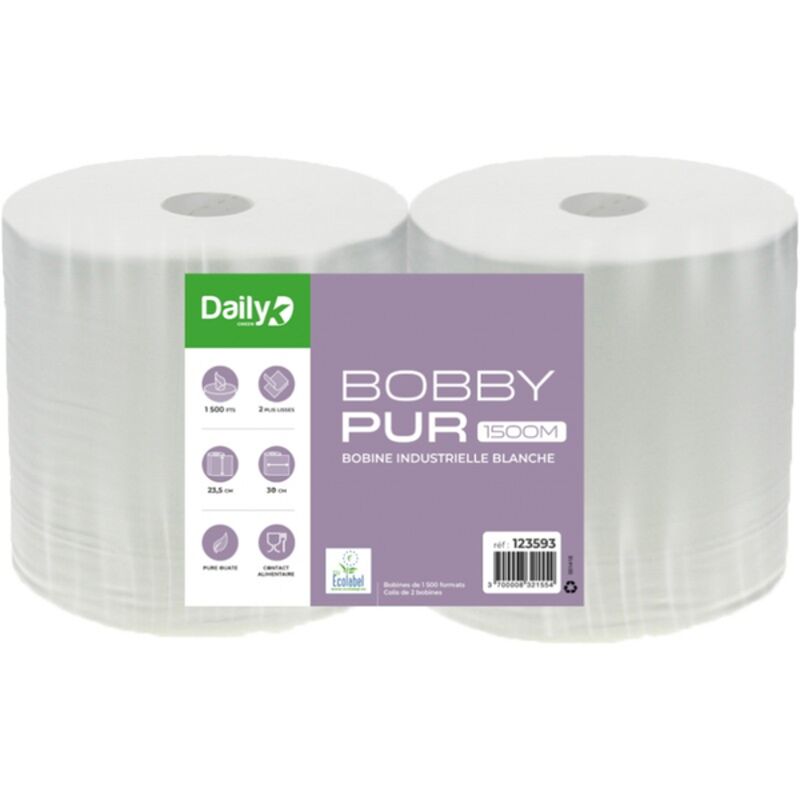 Image de Bobine blanche 1500F pure ouate Ecolabel BOBBYPUR 1500M DAILYK-Lot 2