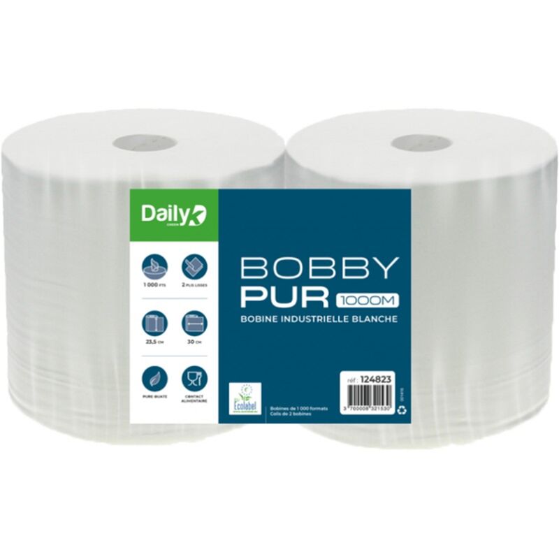 Image de Bobine blanche 1000F pure ouate Ecolabel BOBBYPUR 1000M DAILYK- Lot 2