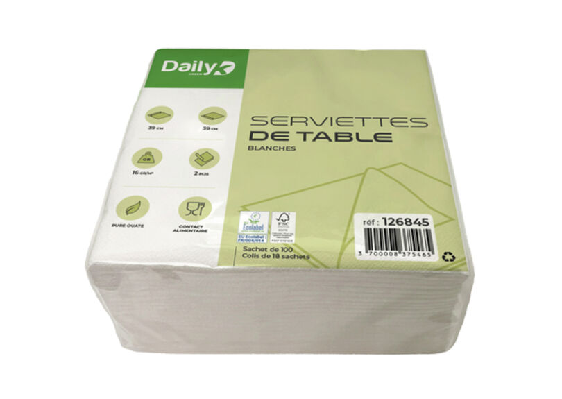 Image de Serviette pure ouate blanche 2 plis 39x39cm - Ct. de 1800