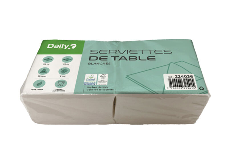 Image de Serviette 30x30cm blanche 2 plis pure ouate Ecolabel- Ct de 3200